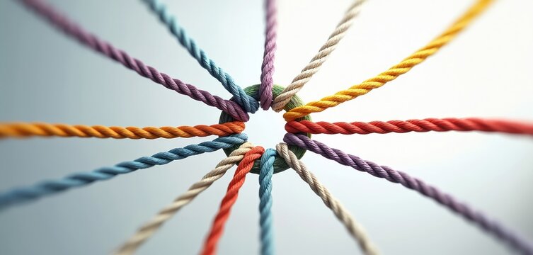 Colorful ropes connect in a central knot representing unity and collective effort. This symbolizes diverse groups or individuals joining forces to achieve a common goal and build stronger connections.