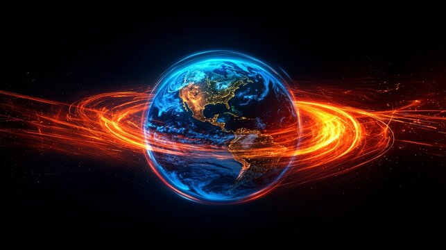 Glowing digital Earth, orange energy rings orbiting the planet, highlighting North America, symbolizing global technology, data transfer, world connectivity, internet networks, futuristic innovation - Powered by Adobe