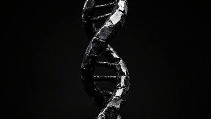 Twisted, dark strands resembling DNA. Macro shot, black and white, with a shallow depth of field highlighting the textured surface and creating a sense of depth.