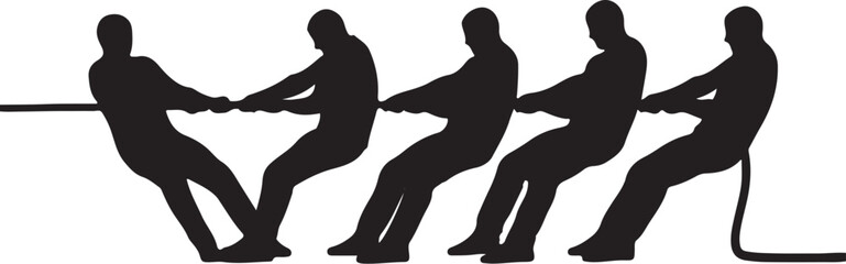Five Silhouetted People Engaged in a Tug of War Competition on transparent background teamwork