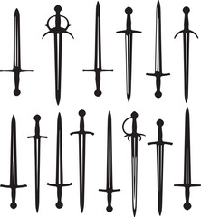 Collection of various medieval swords in black and white style on transparent background knives blades