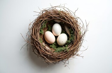 Nest with three eggs on mossy bedding. Rustic twig construction on clean white background. Natural spring Easter celebration symbol. Organic, simple domestic life.