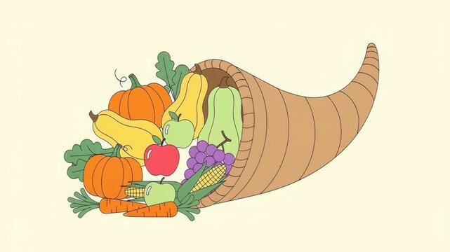 Animated Cornucopia Horn of Plenty with Autumn Harvest Fruits.