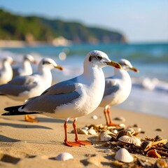 Fototapeta premium Seagulls on a sandy beach, ocean in the background