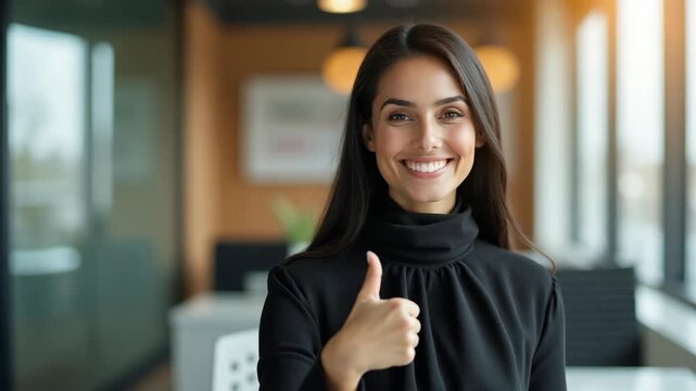 Portrait of a young woman giving a thumbs up gesture in a contemporary office environment, symbolizing approval, positivity, and success in business or professional context.