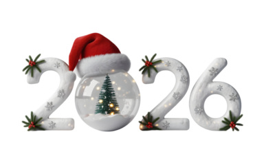 2026 New Year Christmas decoration with snow globe and Santa hat, festive holiday design