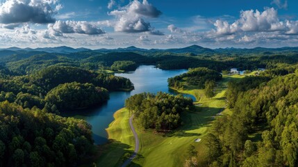 Aerial Drone View of Golfer Teeing Off on Scenic Course with Lakes and Fairway