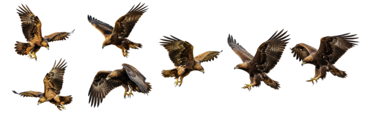 Golden Eagle Aquila chrysaetos isolated on white, seven birds flying diving landing wings spread predator collection wildlife nature raptor bird set collage