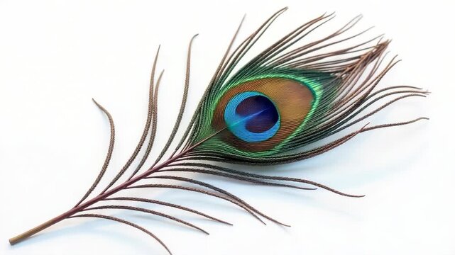 Video A single peacock feather sits on a pure white background, awaiting display