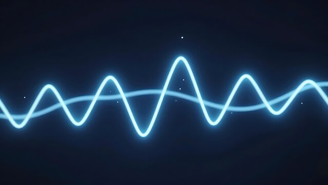 Glowing audio waveform in neon line art style in cyan and dark blue colors representing sound frequency and digital music background - Powered by Adobe