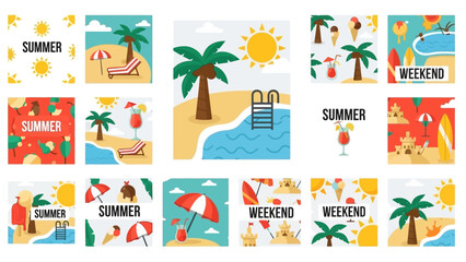 Vibrant summer vacation vector collection with tropical beach elements
