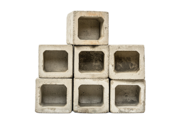 Stacked concrete breeze blocks creating a geometric composition on transparent background