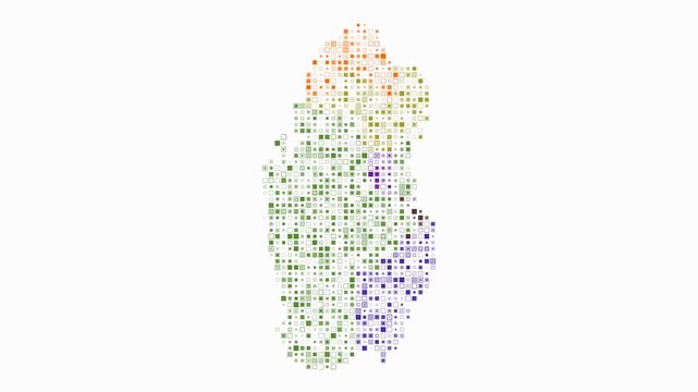 Qatar animated country shape. Pulsating colored dots on the map of the country. Small size square blocks. Digital style Qatar map on white background. Vibrant animation video.
