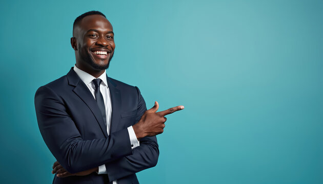 Smiling black businessman in dark blue suit white shirt, tie pointing to copy space on blue background. Confident young african american man presenting advertising product service. Successful - Powered by Adobe