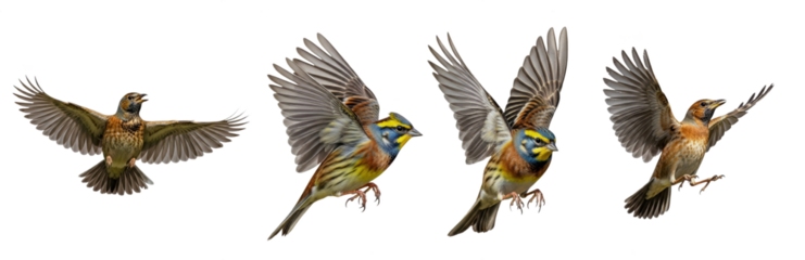 Yellowhammer Emberiza citrinella isolated on white, four birds flying landing wings spread plumage colorful songbird collection wildlife nature bird set collage