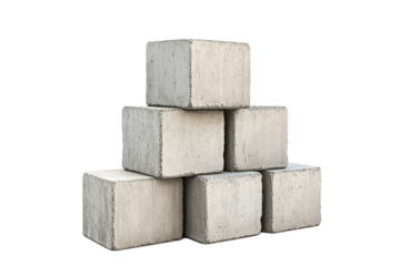 Stack of six concrete blocks neatly arranged in a pyramid shape on transparent background