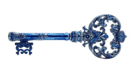 Ornate Blue Key Isolated on Transparent Background