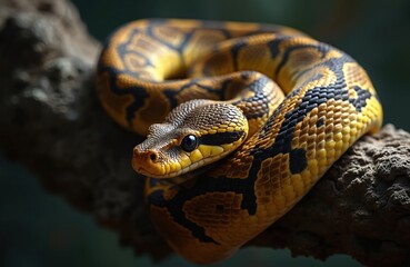 Obraz premium Reticulated python coiled around tree branch. Large snake with yellow, black patterned scales resting on wood. Reptile with dark eye, textured skin in natural habitat. Wildlife scene with python in