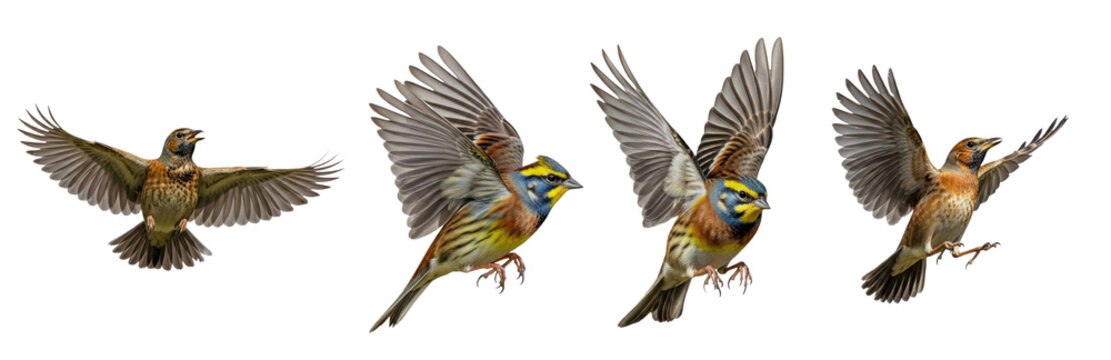 Yellowhammer Emberiza citrinella isolated on white, four birds flying landing wings spread plumage colorful songbird collection wildlife nature bird set collage