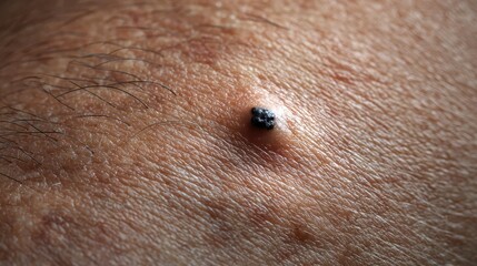 Detailed macro image of human skin showing a raised, irregular dark mole or pigmented lesion that may indicate melanoma or other forms of skin cancer.