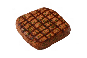 Grilled square meat patty with barbecue grill marks and chopped herbs, a delicious plant-based food alternative on transparent background