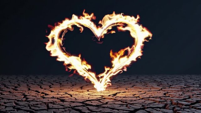 Flame shaped heart scorched into cracked desert ground, glowing against night  symbol of intense love, passion and romance, or heat, drought and environmental ruin