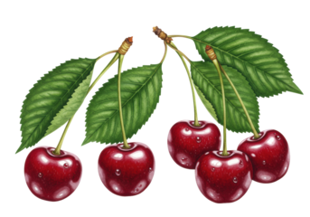 highly detailed traditional botanical watercolor of glossy crimson cherry clusters and emerald leaves, isolated on transparent with ample copy space. concept of perfection nature and microcosm