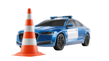 Police car and traffic cone on transparent background