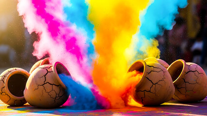 Colorful holi powder explodes from cracked easter eggs outdoors