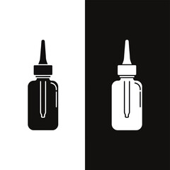 Black and white of a dropper bottle with a pointed cap and internal tube on contrasting backgrounds 