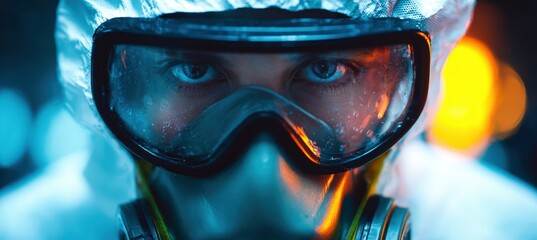 Close-up of Person in Hazmat Suit with Mask and Goggles in Laboratory Setting