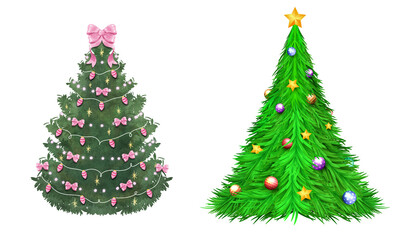 PNG image of Two distinct christmas trees side by side one decorated with pink bows and lights the other with colorful ornaments and stars on transparent background