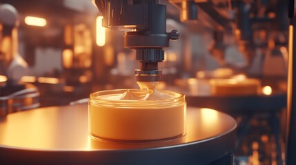 Cosmetic factory worker filling cream container