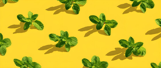 Seamless Fresh Mint Pattern on Yellow Background
