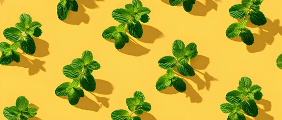 Seamless Fresh Mint Pattern on Yellow Background