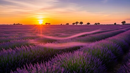 Golden Sunset over Vibrant Purple Lavender Field Serene Summer Landscape.