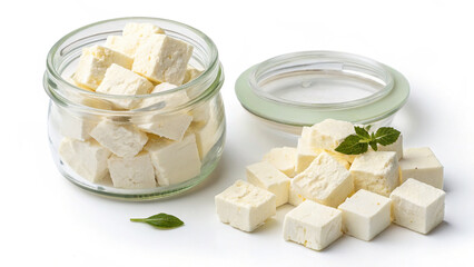 Feta cheese cubes in jar with fresh herbs arranged beautifully for culinary displays. Feta cheese is a versatile ingredient for healthy dishes, offering rich flavor and creamy texture.