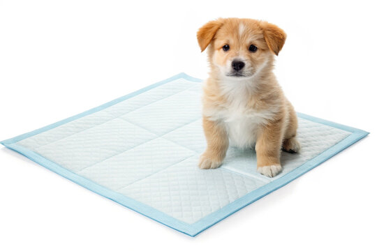 Puppy on training pad isolated on white background, adorable pup sits on pet training pad designed for cleanliness.