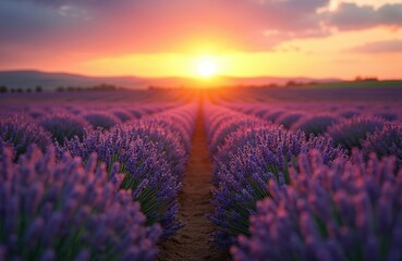 Obraz premium Vast lavender field under colorful sunset sky. Rows of purple flowers stretch to horizon. Gentle hills and distant trees visible. Golden sun dips low, casting warm orange light.