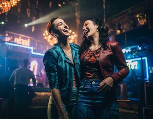 Two friends having fun at a club. Nightlife, young people partying