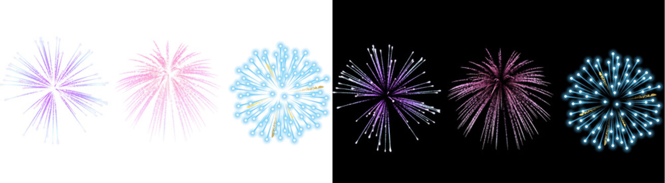 PNG image of&nbsp;Collection of vibrant digital fireworks bursts in purple pink blue and white illuminating a dark night sky for celebration graphics on transparent background