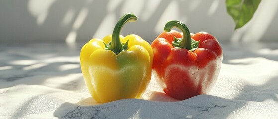 Vibrant Yellow and Green Bell Peppers on Marble