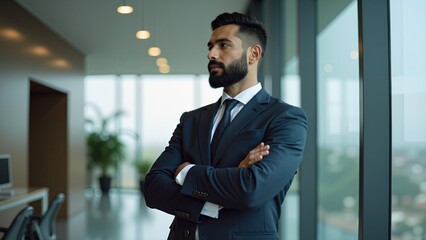 Fototapeta premium Handsome businessman in modern office looking out. Arabic style. Muslim businessman. 