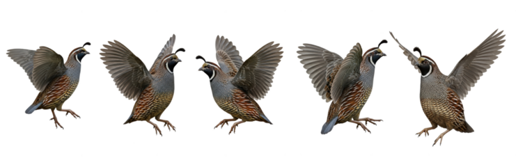 California Quail Callipepla californica bird set flying isolated on white background wildlife nature wings flapping plumage avian species gamebird wildlife