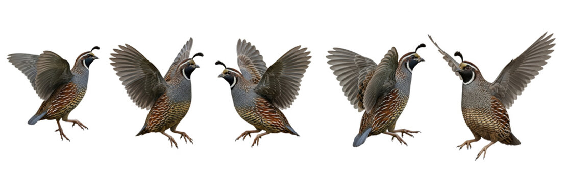 California Quail Callipepla californica bird set flying isolated on white background wildlife nature wings flapping plumage avian species gamebird wildlife