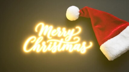 Stylish merry christmas in golden calligraphy on a black background, accented with a red and white santa hat for an elegant, festive holiday greeting with sparkling charm - Powered by Adobe