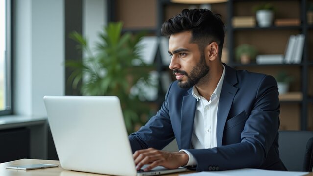 Mmm...I wonder. Cropped shot of a handsome young businessman looking thoughtful while working on his laptop in the office. Arabic style. Muslim businessman.
