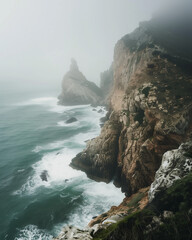 Massive coastal cliffs rise through ocean mist above crashing waves. A dramatic atmospheric seascape with soft light and a moody maritime feel