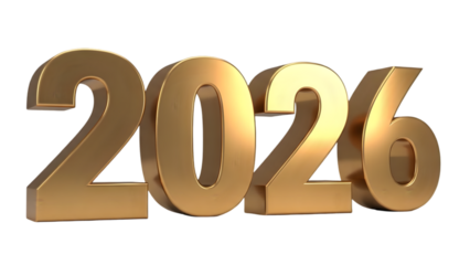Golden three dimensional rendering of the year 2026 on a black background
