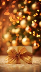 Elegant Gift Card with Golden Ribbon in Festive Holiday Setting